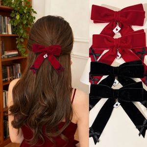 Vintage Velvet Bow Hair Clip Women Poker Ace Pendant Red Black Bowknot Duckbill Clip Elegant Retro Hair Accessories