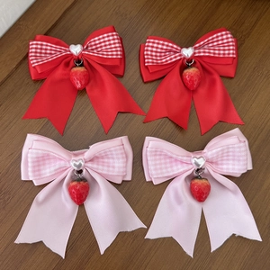Pinces à Cheveux Nœud à Carreaux Doux Avec Pendentif Fraise en Résine Künstliche Perle Cœur Ruban en Satin Pour Femmes Filles
