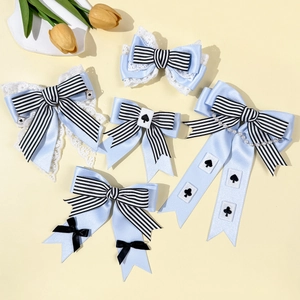 Blue Lolita Bow Hair Clips Striped Satin Lace Hairpins With Poker Card Artificial Pearl For Women Sweet Alice Cosplay Party Accessories
