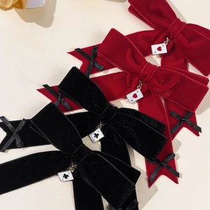 Velvet bow hair clip with poker ace pendant in burgundy and black stylish colors