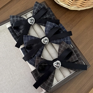 French Retro Houndstooth Ribbon Bow Hair Clip Heart Rhinestone Sweet Double Layer Bowknot Duckbill Clip Elegant Hair Accessories