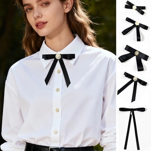 Broche Nœud en Ruban de Satin Noir Élégant Avec Fausse Künstliche Perle Strass Rose en Résine Pour Femme JK Uniforme Chemise Accessoires Style