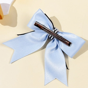 Light blue satin Lolita hair clip with striped bow and silver alligator clip
