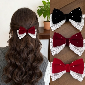 Vintage Samt Spitze Schleife Haarspange Mit Strass Süße Prinzessin Haarschmuck Für Damen Neujahr Party Geschenk