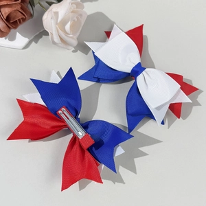 Three-color ribbon bow hair clip set with red white and blue pattern and metal duckbill clip