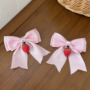Lot de barrettes nœuds roses avec pendentif fraise rouge et perle en cœur