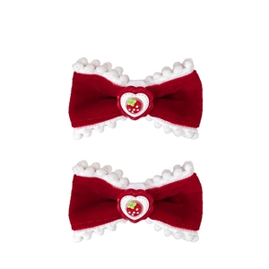 Sweet red velvet bow hair clips with strawberry heart charms and white pom-poms for girls