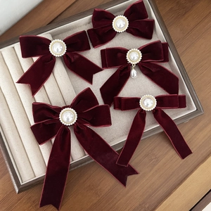 French Vintage Burgundy Velvet Bow Hair Clip With Faux Artificial Pearl Elegant Duckbill Clip Fashion Hair Accessories For Women