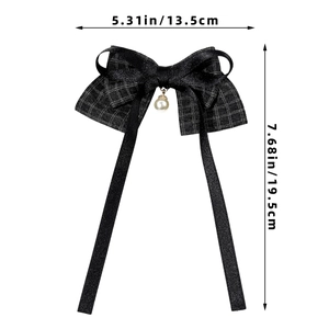 Detail showing dimensions of black plaid bow hair clip with pearl pendant and long ribbons