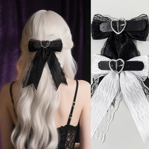 Spitzen-Haarschleife mit Herz-Leder-Schnalle im schwarz-weißen Gothic-Stil