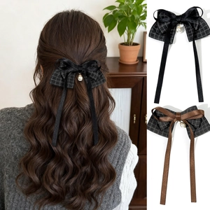 Vintage Plaid Bow Hair Clip Artificial Pearl Pendant Satin Ribbon Streamer Duckbill Clip For Women Girls Sweet Hair Accessories Elegant Headwear