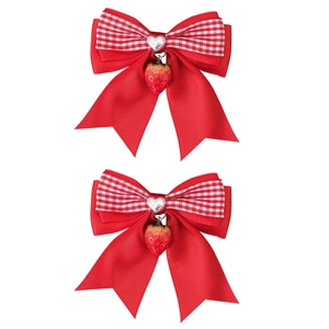 Barrettes à cheveux nœud rouge à carreaux avec pendentifs fraise et cœurs argentés