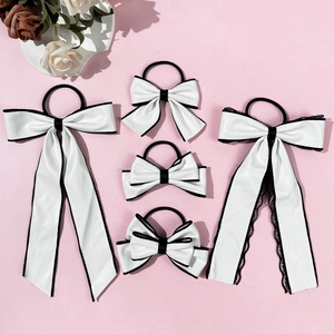 French Elegant White PU Leather Bow Hair Scrunchie With Black Edge Contrast Color Sweet Elastic Hair Band For Women Girls