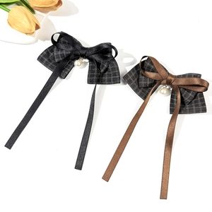 Elegant bow hair clips with plaid fabric, smooth ribbon and pearl pendant in black and brown