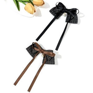 Elegant plaid bow hair clips with long ribbons and pearl pendants in black and brown