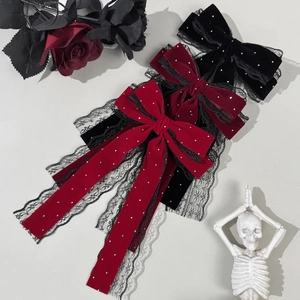 Barrette à nœud en velours gothique avec dentelle et strass en rouge et noir