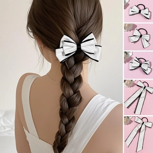 Elegant white leather-style bow hair scrunchies with black edges for women hairstyles