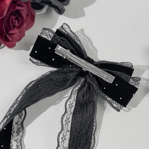 Barrette à cheveux nœud en velours noir rétro français avec dentelle et perles