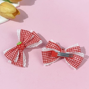 Set fermagli per capelli a quadri rossi con pizzo e fragola in stile principessa