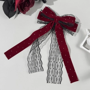 Barrette nœud gothique en velours et dentelle avec micro-perles bordeaux et noir