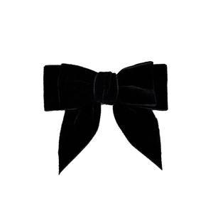Elegant black velvet layered bow hair clip with long ribbons on a white background