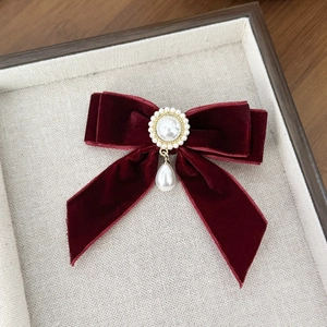 Elegant burgundy velvet bow hair clip with vintage pearls and sparkling rhinestones