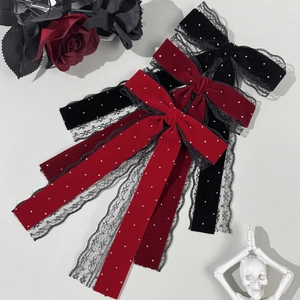 French Vintage Velvet Bow Hair Clip With Lace Trim Rhinestones Elegant Gothic Long Ribbon Bowknot Hair Accessories For Women