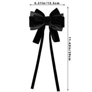 Velvet mesh bow hair clip dimensions showing 13.5cm width and 29cm long ribbon