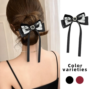 Lolita style black velvet lace bow hair clip with heart jewel and long ribbons