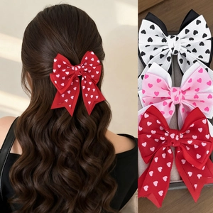 Sweet Heart Print Bow Hair Clip With Long Ribbon Tassel Grosgrain Webbing Handmade Cute Girls Daily Party Hair Accessory