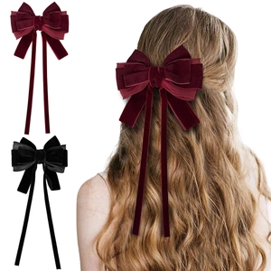 Elegant Vintage Velvet Double Layer Bow Hair Clip With Long Streamer For Women Mesh Tulle Duckbill Clip Hair Accessories