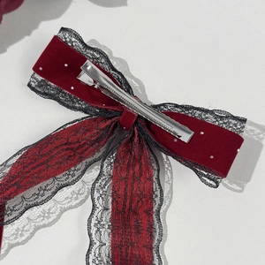 French vintage wine red velvet bow hair clip with lace detail and silver metal clip
