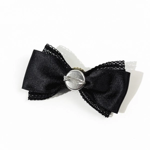 Elegant black lace and satin ribbon bow brooch with pearl detail for women