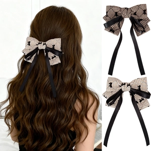 British style brown plaid bow hair clip with long black ribbons for women's elegant hairstyle