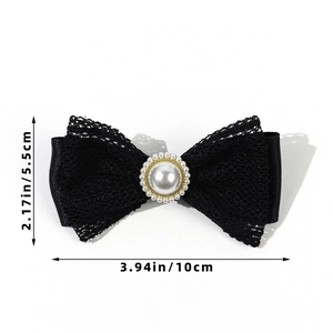 Detailed size specifications for the black lace bow brooch with pearl embellishment