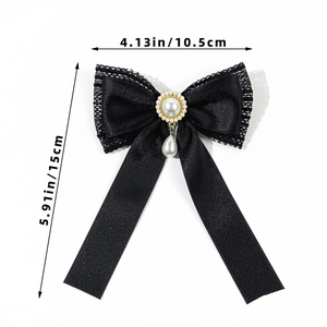 Black lace ribbon bow brooch with pearl center and hanging teardrop pearl pendant