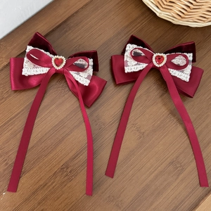 Elegant pair of red velvet Lolita hair clips with white lace and heart rhinestone