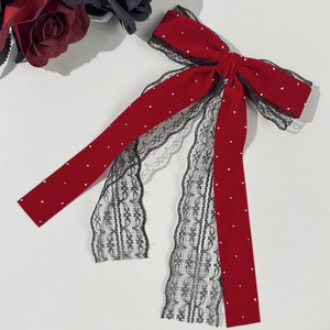 French vintage red velvet bow hair clip with black lace and rhinestones for women