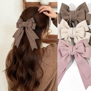 Elegant Retro Large Bow Hair Clip With Long Ribbon Cloth Fabric Hairpin Maillard Style Fashion Daily Headwear For Women