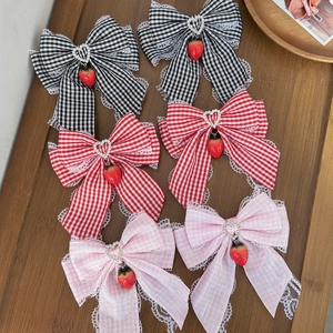 Sweet Checkered Bow Hair Clip With Lace Strawberry Pendant Heart Rhinestone Duckbill Clip For Women Girls Pastoral Style Hair Accessory
