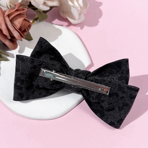 Vintage velvet black bow hair clip with silver metal spring barrette for women