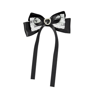 Lolita style velvet lace bow hair clip with heart rhinestone center and long ribbons