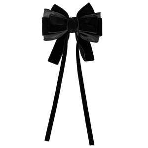 Elegant black velvet bow hair clip with long ribbons for a vintage hair styling accessory