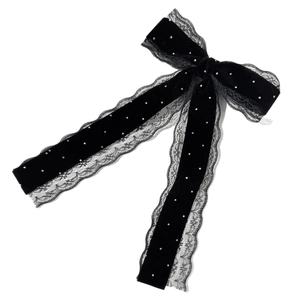 Elegant French vintage black velvet bow hair clip with lace edges and shiny rhinestones
