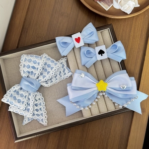 Lolita Style Blue Satin Ribbon Bow Hair Clips Sweet Y2K Lace Faux Artificial Pearl Tassel Card Pattern Hairpins For Women Girls Hair Decor