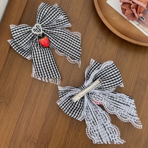 Sweet black and white plaid lace bow hair clips with strawberry and heart accents