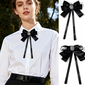Elegant Black Satin Ribbon Bowknot Brooch For Women JK Shirt Decoration Rhinestone Embellished French Style Pin Accessory