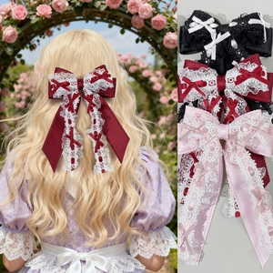 Barrettes à nœud Lolita avec dentelle brodée et rubans en rouge noir et rose
