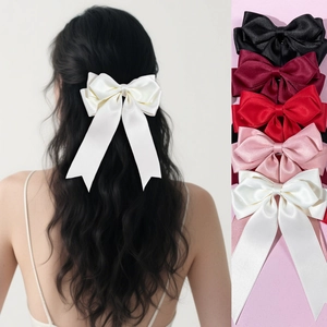 Solid Color Satin Ribbon Bow Hair Clip For Women Sweet Elegant Double Layer Long Streamer Bowknot Hair Accessories Daily Party