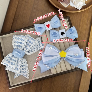 Blue Lolita hair clip set with lace bows, poker card embroidery and pearl chain
